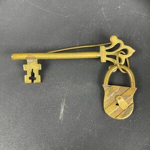 Vintage Artisan Brass Key & Padlock Brooch Pin Rustic Medival